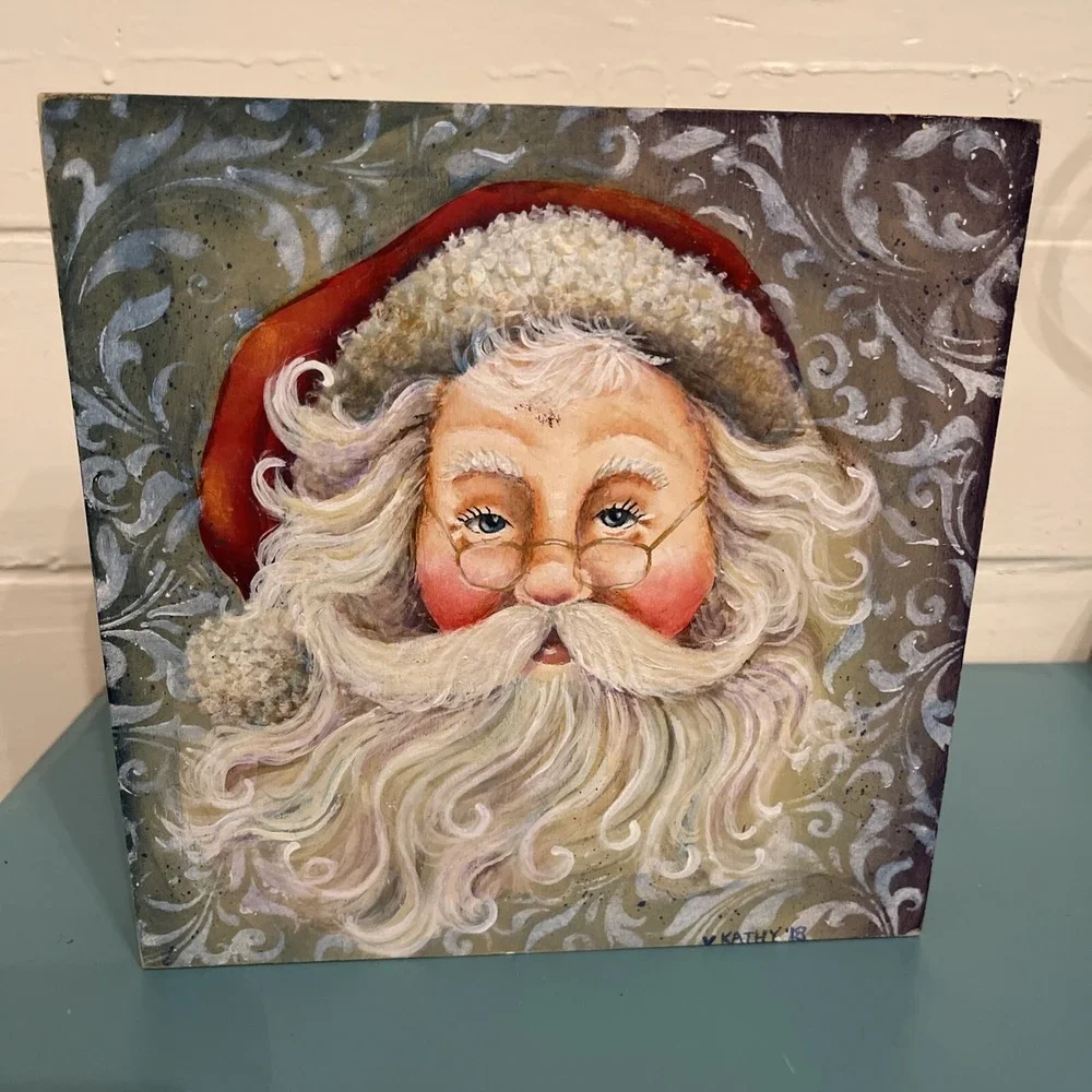 Handpainted Christmas Santa‎ Acrylic On Wood Artist Signed Size 6